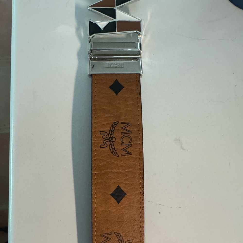 MCM Brown Leather Belt with Silver Buckle